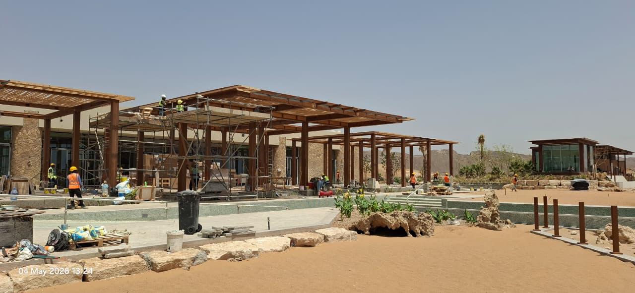 Resort construction with timber pergola and pool area